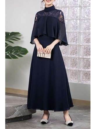 Navy Blue Maxi Dress With Cape Sleeves And Lace Detail For Wedding Guest