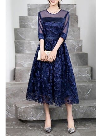 Navy Sheer Neckline Sleeved Lace Midi Dress For Semi Formal