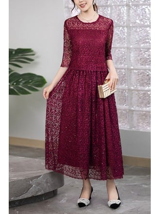 Burgundy Maxi Lace Dress With Half Sleeves For Wedding Guest