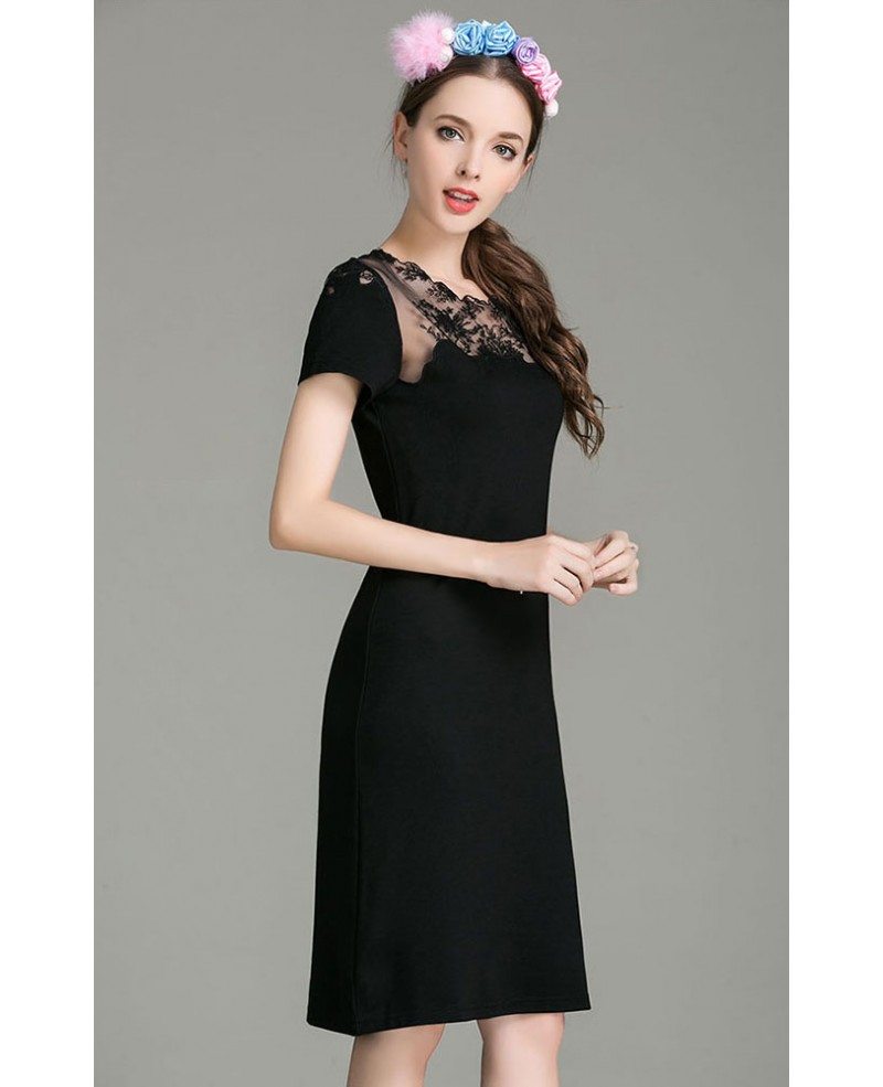 Embroidered Knee-Length Little Black Dress -GemGrace