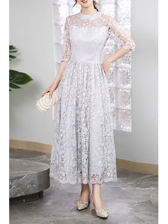 Grey Maxi Dress With Full Lace Detail And Sleeves For Wedding Guest
