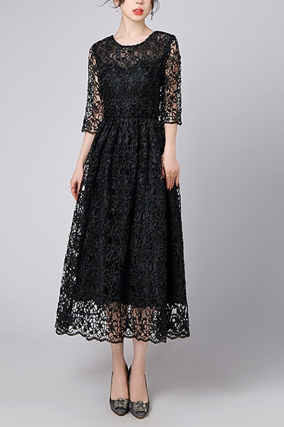 Exquisite Black Lace Maxi Dress With Sheer Three Quarter Sleeves For Wedding Guest #J1932 - GemGrace.com Exquisite Black Lace Maxi Dress With Sheer Three Quarter Sleeves For Wedding Guest #J1932 - GemGrace.com