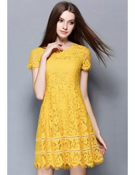 Cap Sleeves Yellow Lace Short Party Dress -GemGrace