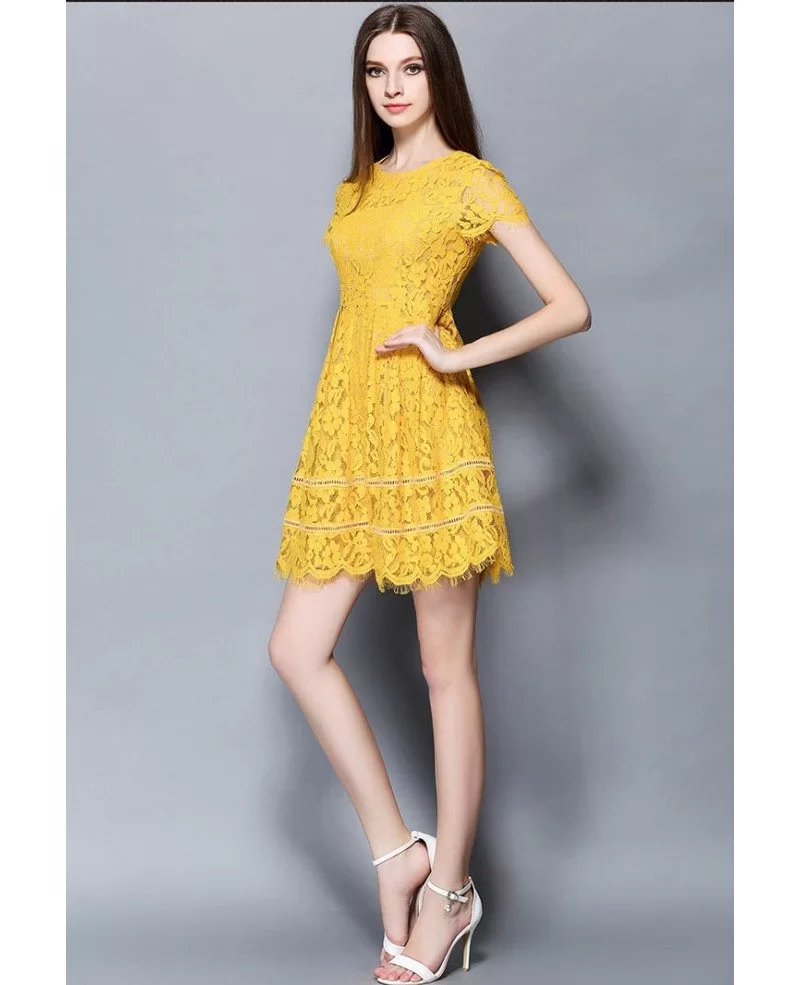 Cap Sleeves Yellow Lace Short Party Dress Gemgrace