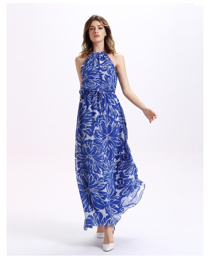 High Neck Floral Print Chiffon Maxi Holidays Dress Gemgrace