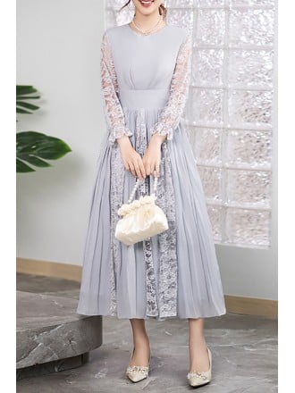 Elegant Light Gray Gown With Sheer Lace Sleeved And Pleated Skirt