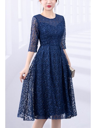 Stylish Navy Blue Lace Knee Length Dress With Three Quarter Sleeves For Wedding Guest