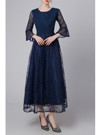Elegant Navy Blue Semi Formal Dress With Lace Skirt And Bell Sleeves
