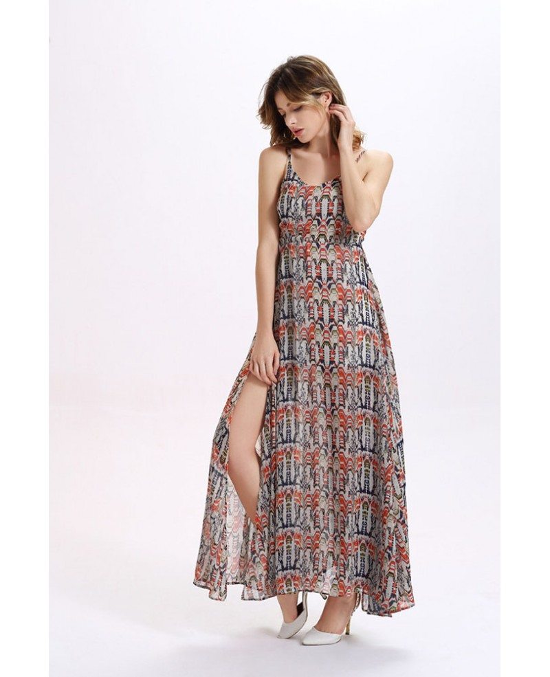 Spaghetti Strap Floral Print Slit Chiffon Holidays Dress -GemGrace