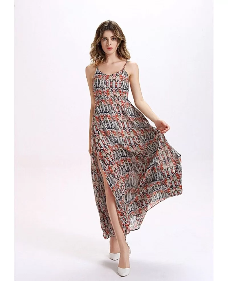 Spaghetti Strap Floral Print Slit Chiffon Holidays Dress -GemGrace