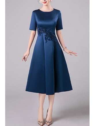 Short Sleeved Satin Modest Tea Length Wedding Guest Dress