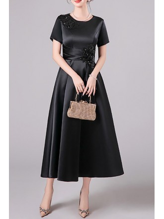 Formal Black Satin Women Wedding Guest Dress With Short Sleeves