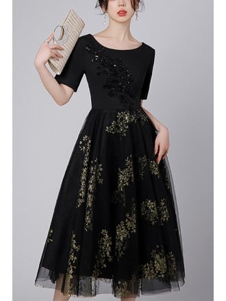 Chic Black Midi Dress With Floral Embroidery And Short Sleeves For Wedding Guest