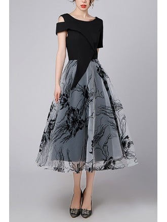 Chic Black And Gray Floral Print Midi Dress With Asymmetrical Top For Wedding Guest