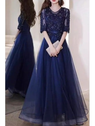 Formal Tulle Vneck Navy Blue Long Prom Dress With Sequined Lace