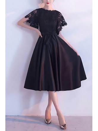 Retro Tea Length Satin Hoco Dress With Lace Sleeves