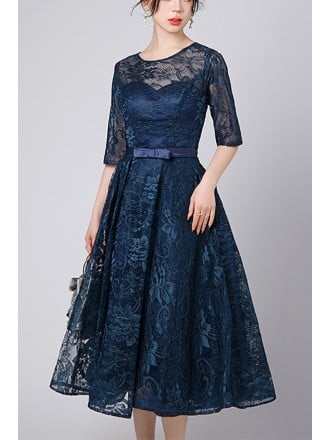 Navy Blue Lace Tea-length Dress With Sheer Sleeves And Sweetheart Neckline For Wedding Guest