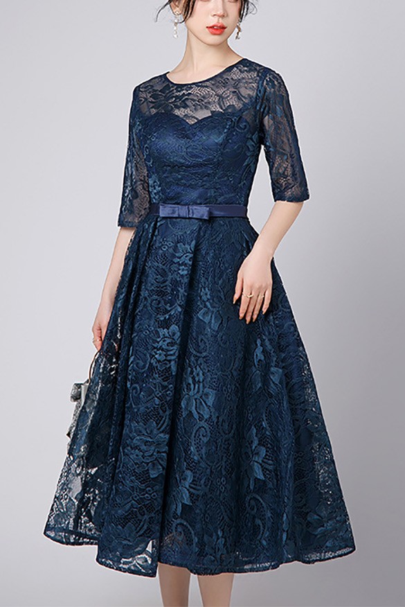 Sheer Lace Yoke Sleeveless Tea-length Dress Dark Navy main image 1