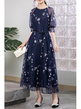 Elegant Navy Blue Maxi Dress With Mesh Overlay And Sash For Semi Formal