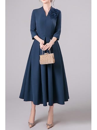 Women Vneck Midi Wedding Guest Dress With 3/4 Sleeves