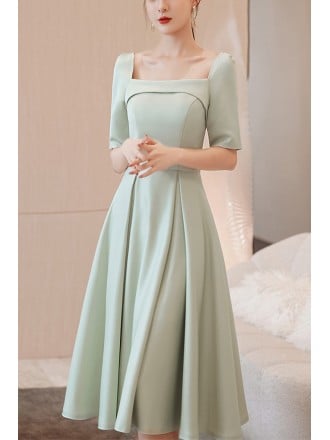 Graceful Mint Green Semi Dress With Off Shoulder Short Sleeves For Wedding Guest
