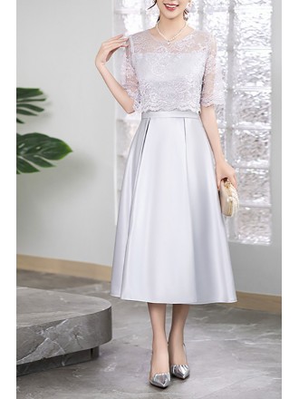 Elegant Grey Midi Dress With Short Sleeves And Lace Detail For Semi Formal