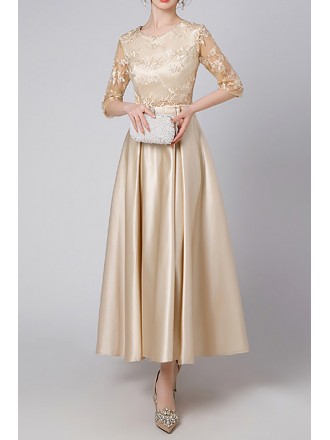 Elegant Champagne Gold Long Dress With Lace Sleeves And Satin Skirt For Wedding Guest