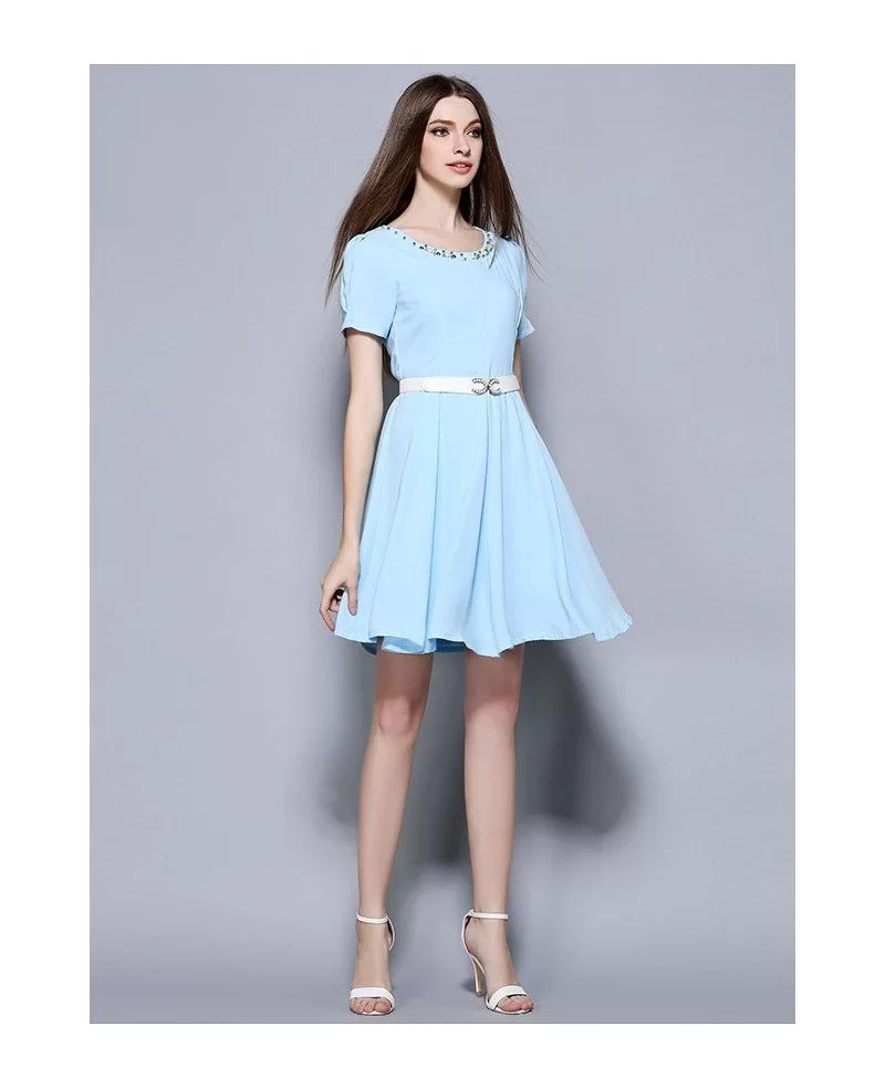 Baby Blue Chiffon Beading Short Wedding Guest Dress GemGrace