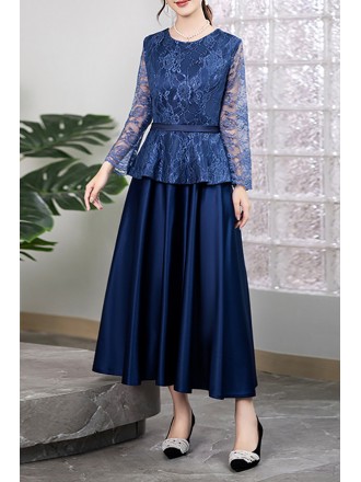 Blue Maxi Dress With Lace Top And Satin Skirt For Wedding Guest