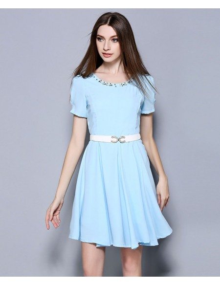 Baby Blue Chiffon Beading Short Wedding Guest Dress -GemGrace