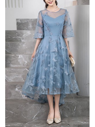 Light Blue Tea-length Dress With Floral Embroidery And Bell Sleeves For Wedding Guest