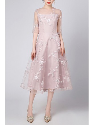 Elegant Pink Lace Embroidered Midi Dress For Wedding Guest Semi Formal Events