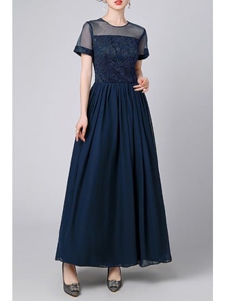 Elegant Navy Blue Maxi Dress With Lace Bodice And Sheer Sleeves For Wedding Guest