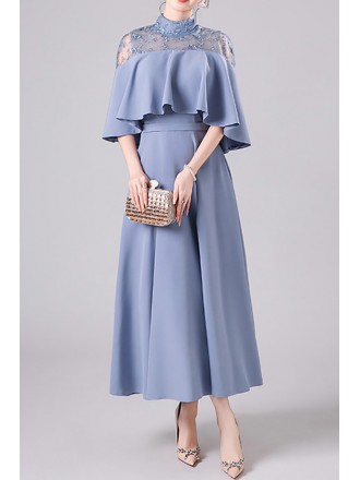 Light Blue Maxi Dress With Ruffled Cape Sleeves And Lace Detail For Wedding Guest