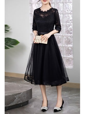 Black Tea Length Dress With Lace Top And Tulle Skirt For Semi Formal