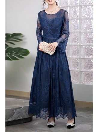 Elegant Navy Blue Long Gown With Sheer Lace Sleeves And Scoop Neckline