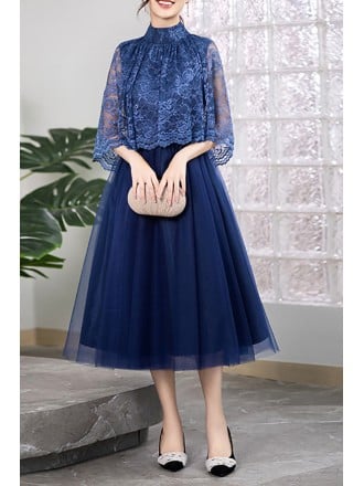 Graceful Navy Blue Wedding Guest Dress With High Neck And Lace Sleeves