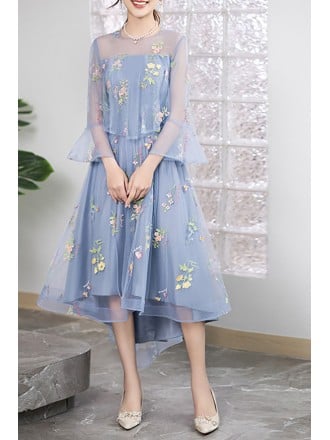 Light Blue High Low Dress With Bell Sleeves And Floral Embroidery For Wedding Guest