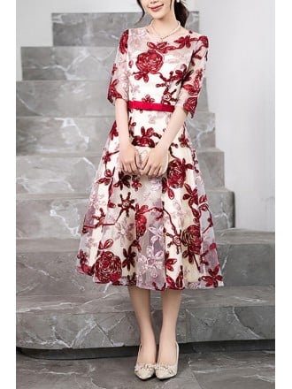 Red And Beige Floral Midi Dress With Short Sleeves And Satin Sash