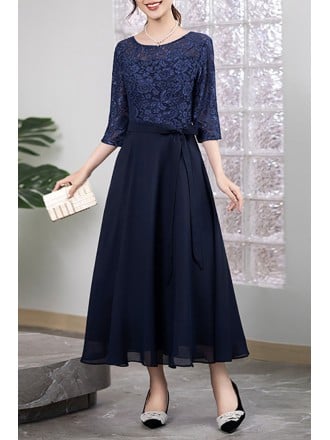 Navy Blue Maxi Dress With Lace Top And Chiffon Skirt For Wedding Guest
