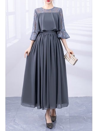 Gray Chiffon Maxi Dress With Lace Sleeves And Ruffled Overlay For Wedding Guest