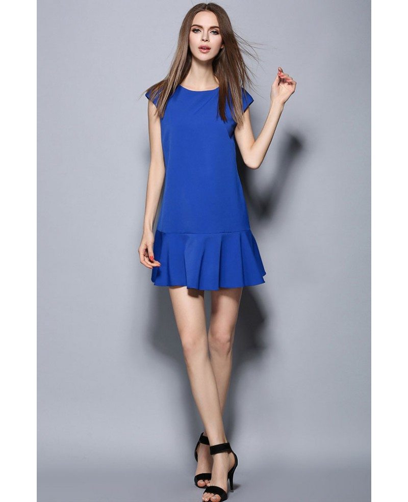 Blue Cap Sleeves Flounce Short Wedding Guest Dress -GemGrace