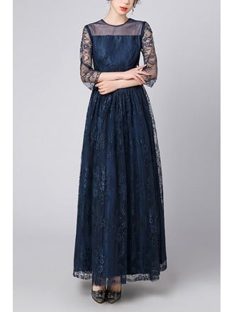 Graceful Navy Blue Lace Maxi Dress With Sheer Long Sleeves For Wedding Guest
