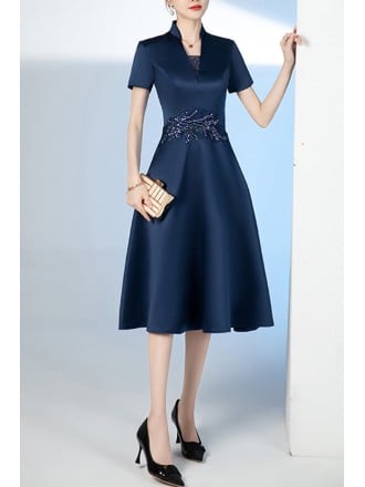 Navy Blue Midi Dress With Satin Fabric And Floral Embellishment