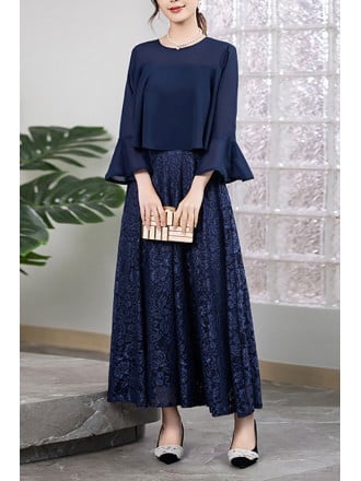 Navy Blue Maxi Dress With Bell Sleeves And Lace Skirt For Wedding Guest