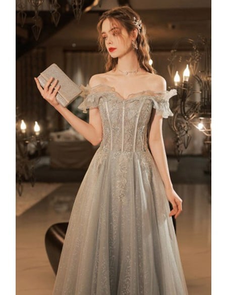 Shiny Sequin Long Grey Prom Dress With Off Shoulder Ruffles