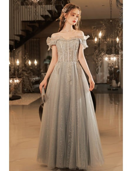Shiny Sequin Long Grey Prom Dress With Off Shoulder Ruffles