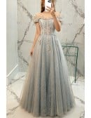 Shiny Sequin Long Grey Prom Dress With Off Shoulder Ruffles