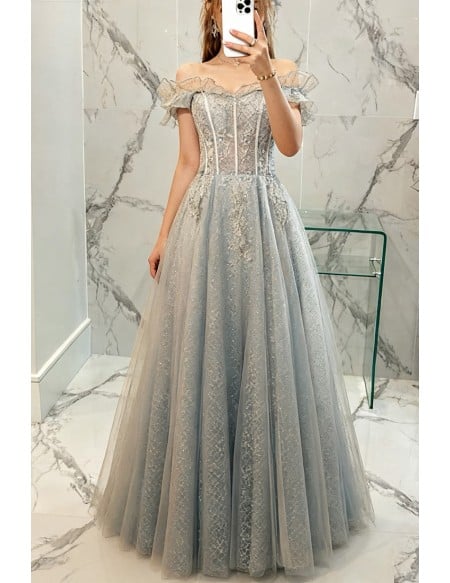Shiny Sequin Long Grey Prom Dress With Off Shoulder Ruffles