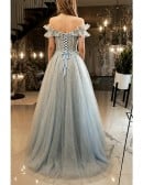 Shiny Sequin Long Grey Prom Dress With Off Shoulder Ruffles